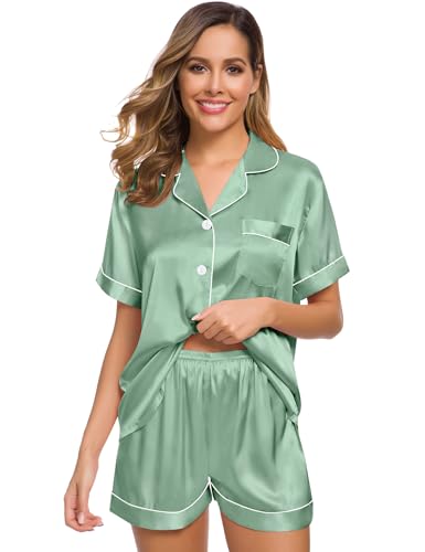 SWOMOG Womens Silk Satin Pajamas Set Short Sleeve Sleepwear Button Down Top and Shorts Loungewear 2 Piece Pjs Set XS-3XL Avocado Green Medium - Thumbnail 3