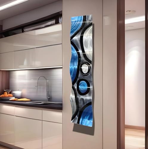 Statements2000 Silver, Charcoal Grey, Blue and Black Wave Wall Accent - Metal Wall Art Home Decor Accent - Rains Of Blue Wave by Jon Allen - 46