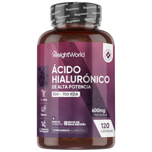 Ácido Hialurónico 600mg por Porción - 120 Cápsulas Veganas de 500-700 KDA - Ingredientes de Origen Natural, Sin OGM, Sin Químicos, Sin Gluten y Sin Lactosa para 4 Meses de Suministro
