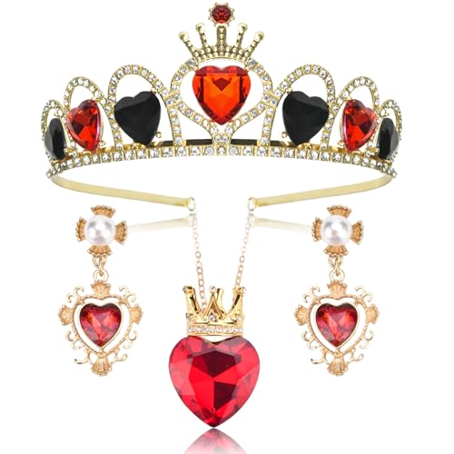 Abitoncc Queen Hearts Crown Heart Necklace and Earrings, Red Black Queen Hearts Costume Accessories for Woman Halloween Christmas Birthday Party