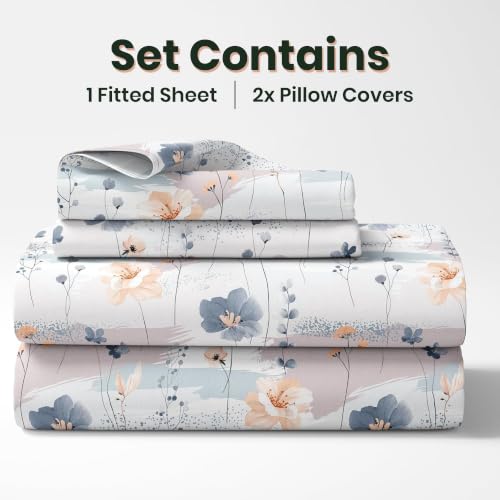 Image of LORETO - A QUALITY LINEN BRAND 210 TC 100% Pure Cotton Double /Queen Fitted Bedsheet with 2 Pillow Covers for 78 x 60 Inch Mattress, All-Around Elastic, 8 Inch Deep Pocket, Blue & Peach