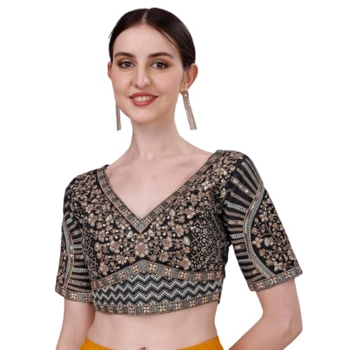 Image of Pujia Mills Mills Women's Fancy Readymade Heavy Coding Embroidary Worked Half Sleeve Multicolor Saree Blouse(Mushroom)