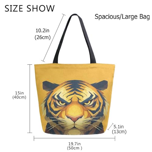 Cartoon Unhappy Tiger Orange Extra Large Canvas Gym Shoulder Tote,Durable Daily Reusable Top Handle Bag for Mens Womens Yoga Weekender Picnic Beach Travel Market Shopping3