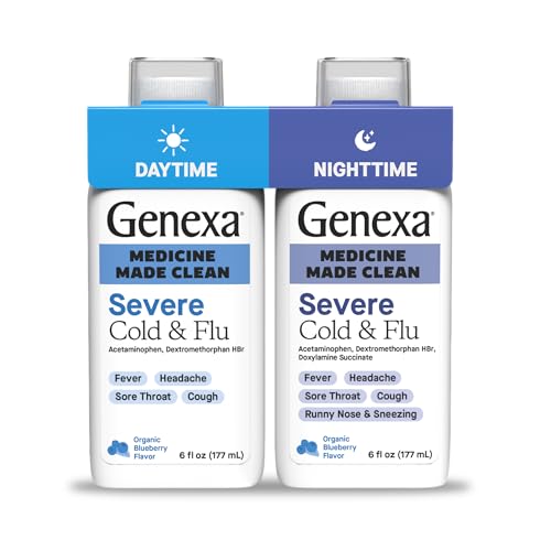 Genexa Clean Day + Night Cold & Flu Relief Max Strength Dye Free 0% Artificial Additives Acetaminophen Fever Reducer Cough Suppressant Antihistamine Organic Blueberry Flavor 12 fl oz (2 Pack)
