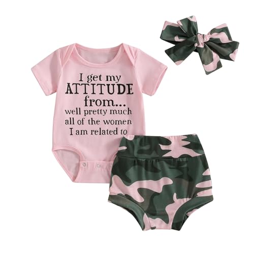 Image of Douhoow Baby Girls Summer Clothes Letters Baby Girl Romper Baby Shorts With Headband 3 Piece Infant Girl Set (Pink, 6-12 Months)