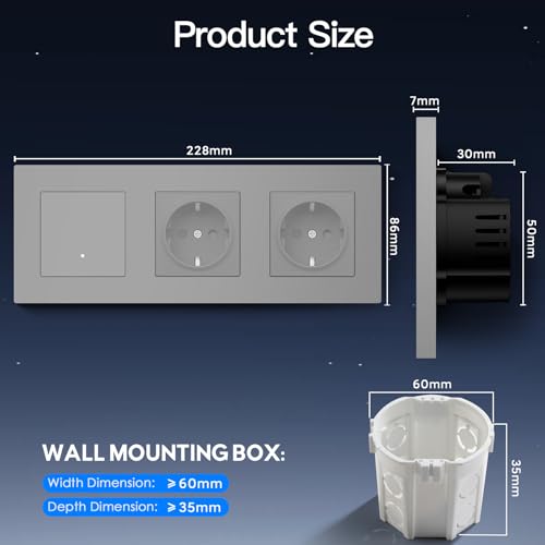 BSEED Normal Doppelt Steckdose mit Smart Lichtschalter(Neutralleiter Erforderlich), WIFI Schalter Unterputz Kompatibel mit Alexa und Google Home, Taster Schalter 1 Fach 1 Weg mit PC Rahmen, Grau