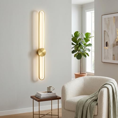 Image of JAYMP Modern Wall Sconce 4000K Dimmable LED Wall Light Fixture, Hardwired Wall Lamp for Living Room, Dining Room, Bedroom, Hallway, Lobby, Entryway, 1 Pack (Brushed Gold, H110cm /43.3inch)