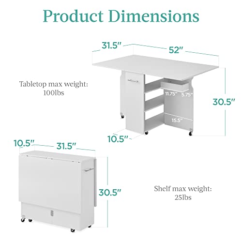 Best Choice Products Folding Dining Table, Multipurpose Collapsible Drop Leaf Extension, Versatile Space Saving Desk Furniture W/Wheels, 3 Storage Shelves, Metal Handle - White #TOP2