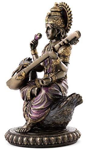 Estatua Saraswati Sentada en Cisne de Bronce 8.5 Pulgadas miniatura 2