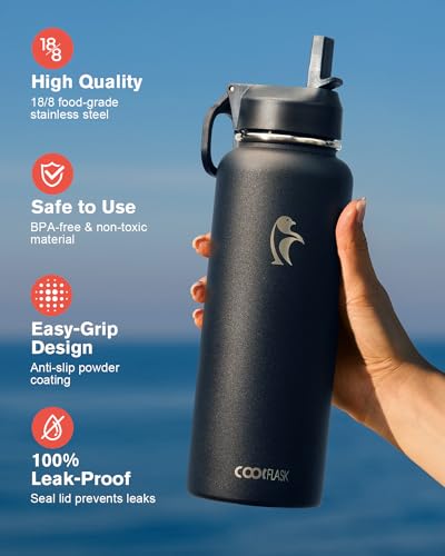 Water Bottle 1.2 L Insulated with Straw&Brush, Coolflask Vaccum Stainless Steel Metal 3 Lids Water Flask for Sports, Gym or Office, Keep Cold 48H Hot 24H, Magic Black