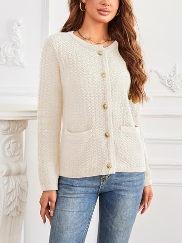 Image of Women's Casual Cardigan Sweaters Open Front Long Sleeve Button Down Crew Neck Knit Jackets with Pockets