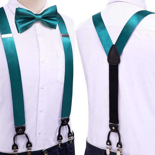 Image of Hi-Tie Men Suspender Bowtie Set Suspenders Pre-tied Bow Tie Pocket Square Cufflinks Adjustable Y Shape 6 Clips Braces Tuxedo