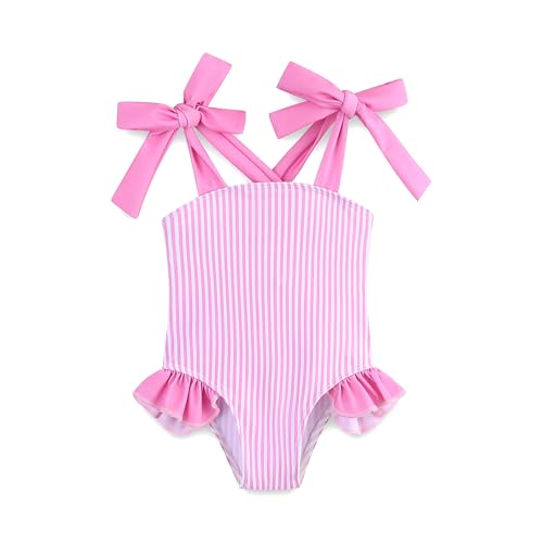 Image of Toddler Girl Swimsuit Summer Beach Bikini Cute Stripe Girls' One-Piece Swimwear with Bow Straps 5-6T