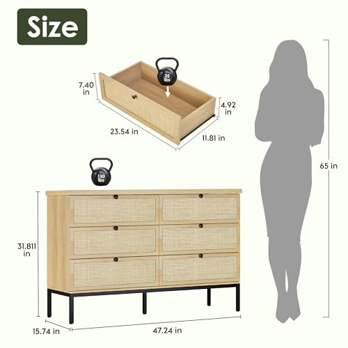 Modern 6 Drawer Dresser with Natural Rattan Drawers, Industrial Wood Double Dresser for Bedroom with Sturdy Steel Legs, Closet Storage Dressers Organizer TV Stand Dresser for Living Room Hallway