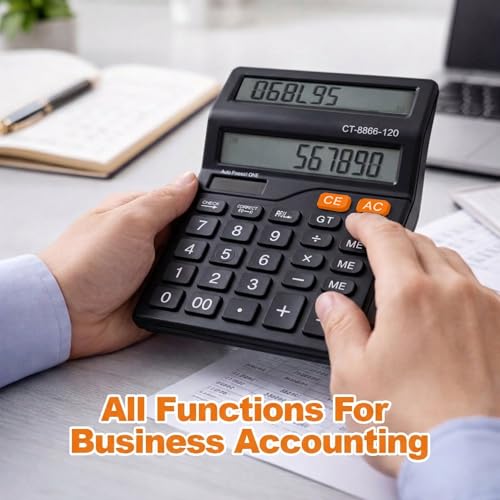 Image of 12 Digit Dual Screen Desktop Calculator with Big Keys, GT & Memory Functions, Auto Power Off, Professional Electronic Calculator for Home, Office & Retail Use, Black