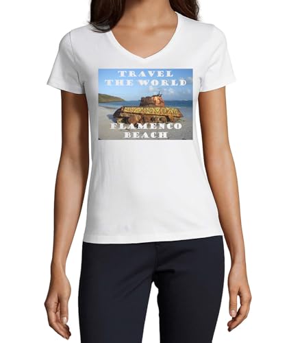 T-shirt Flamenco col en V blanc coton femme M résout le problème de transparence des hauts d'été