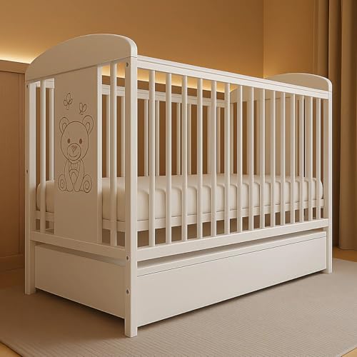 ALAVYA HOME® Tora Babybett 60x120 cm mit Schublade und Lattenrost | Kinderbett Gitterbett 120x60 mit 3 Schlupfsprossen aus massivholz Kiefernholz - Weiß ALAVYA HOME® Tora Babybett 60x120 cm mit Schublade und Lattenrost | Kinderbett Gitterbett 120x60 mit 3 Schlupfsprossen aus massivholz Kiefernholz - Weiß