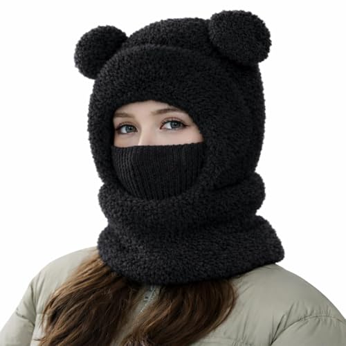 Bear Mask Cap, Bear Ears Cap for Women, 3 in 1 Beanie Hat with Scarf and Mask Winter Windproof (Black Adult)