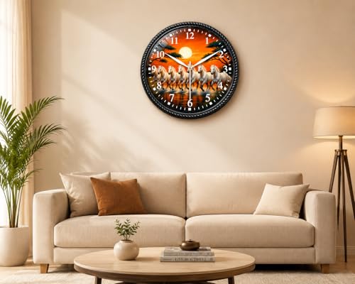 Image of 10 Inch-7 Running White Horses Wall Clock 10 Inch | Vastu Positive Energy Horse Clock for Living Room, Office, Shop & Reception | HD Printed Analog Wall Clock with Adhesive Hook