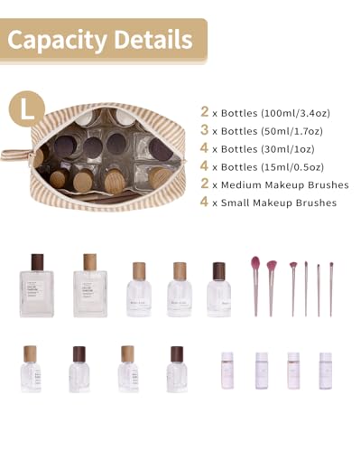 Image of Narwey Cute Makeup Bag Small Toiletry Bag Travel Cosmetic Bag Organizer Make Up Bags with Organized Pockets for Women (Brown Stripe, Large)