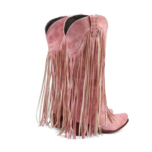 Fringe Cowboy Boots for Women,Womens Square Toe Mid Calf Embroidered Western Boots,Tassel Cowgirl Boot Stacked Heel Retro Fall Winter Booties for Women2