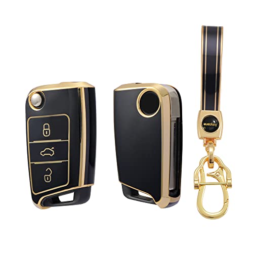 Image of Keyzone TPU car Key Cover and Keychain Compatible for Skoda Slavia, Kodiaq, Kushaq, Karoq, Octavia 3 Button flip Key (Gold Black with Gold Black KZ Keychain)