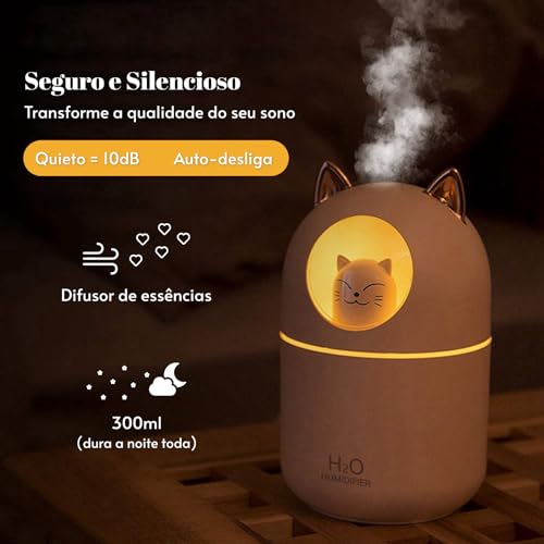 Umidificador Gatinho + Refil Filtro C/Abajur Led 300ml em Plástico Luz Noturna Difusor de Aromas Sil