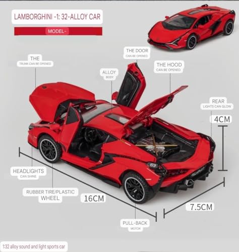 Image of 1:32 Lamborghini Sian Die-cast Metal Toy Car Pull Back Super Car with Openable Doors, Sound & Light for Kids (Red)