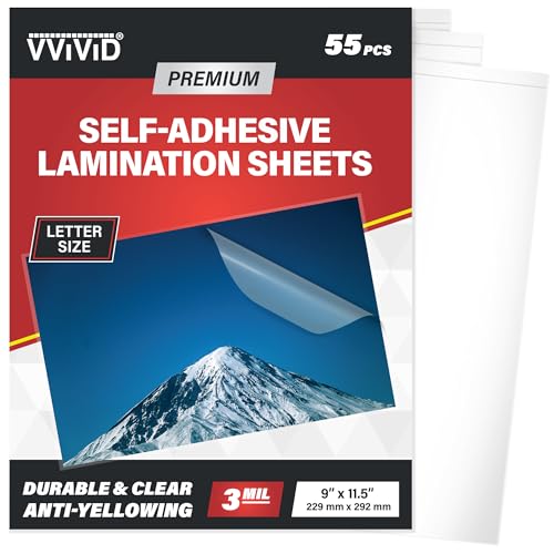 VViViD Premium Self-Adhesive Lamination 3Mil Sheets, Gloss Finish, 9” x 11.5” Letter Size No Machine Needed (55 Pack)