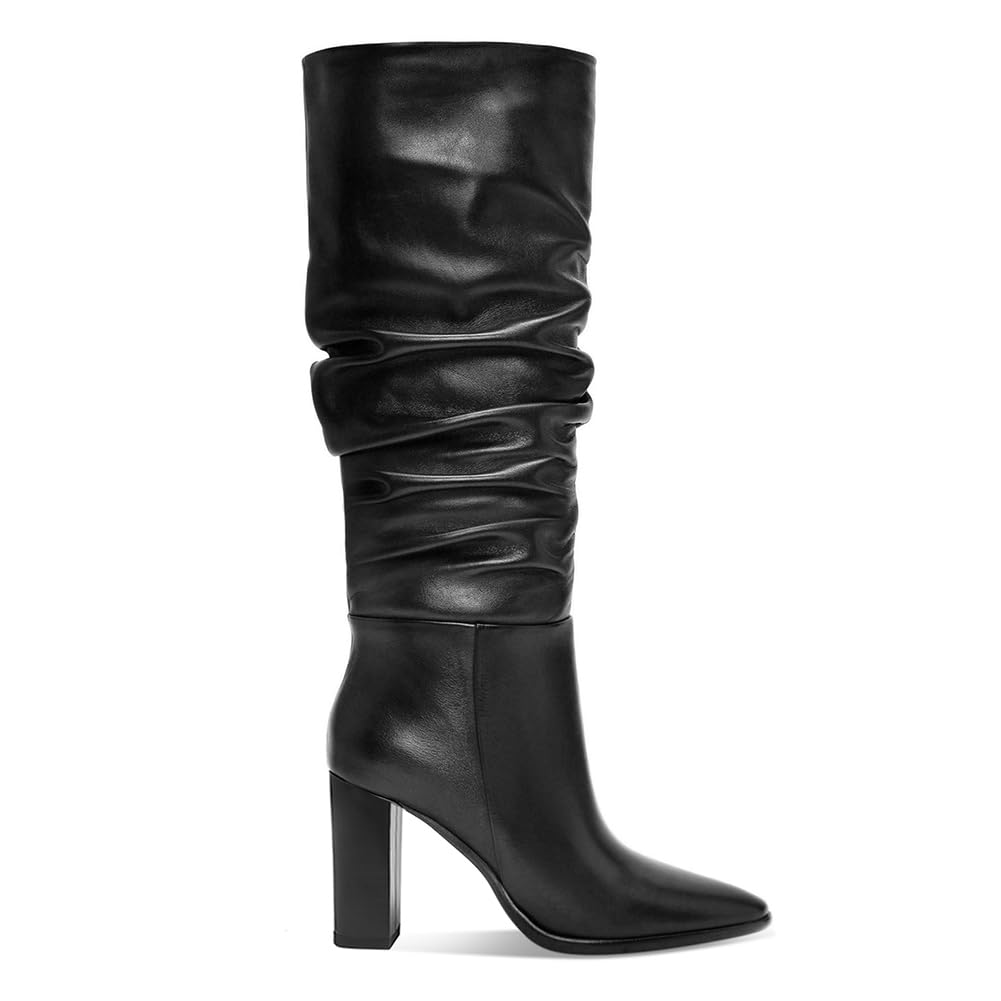 Erocalli Knee High Boots Women Fall Chunky Block High Heel Slouch Fashion Boot Pointed Toe Side Zipper Tall