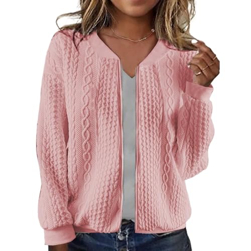 Zip Up Jackets for Women Lightweight Cable Knit Bomber Jacket Long Sleeve Jacquard Coatigan Casual Loose Outwear Coats