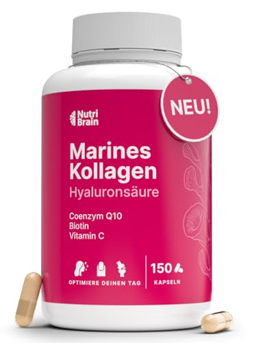 Marine-Kollagen Hydrolysat + Hyaluron, Coenzym Q10, Biotin & Vitamin C | 150 Kapseln | Hochdosiert | Laborgeprüft | 5-Monats-Vorrat | Haut, Haare, Nägel, Gelenke
