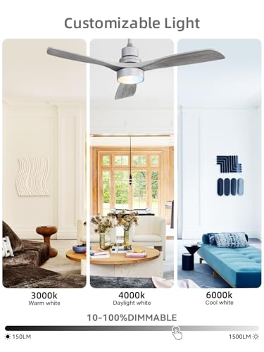 Image of Sofucor 52 Inch Smart Wood Ceiling Fans with Lights, APP /Remote Control | Modern, Quiet Reversible DC Motor, 3CCT Dimmable, 6 Speeds, Indoor /Covered Outdoor /Bedroom /Living Room /Patio /Kitchen, Grey