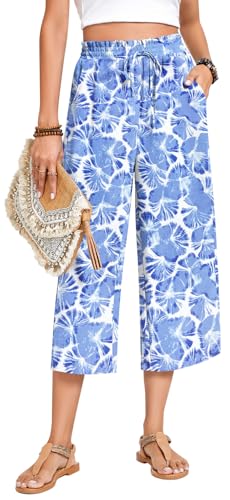 Anyhold Womens Plus Size Capri Pants Loose High Waisted Wide Leg Lounge Pants Drawstring Casual Palazzo Trousers with Pockets 2X-Large, Tie-Dye Blue3