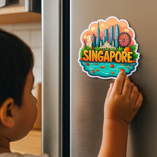 Image of Naxon Singapore Country Theme Souvenir Wooden Refrigerator Stylish Fridge Magnet - Fridge Decoration Magnet for Kitchen & Home Decor | Perfect Souvenir Gift | Size 3x3 Inches | Pack of 1