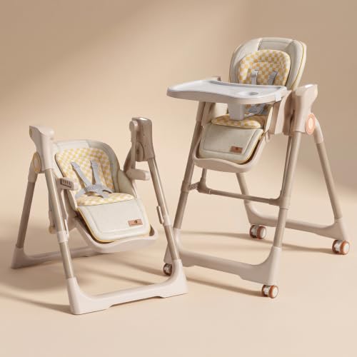 Image of StarAndDaisy 2-in-1 Baby High Chair for Boy & Girl with Automatic Swing Cradle, Foldable Feeding Chair, Removable Dining Tray, Adjustable Backrest & Footrest for Infants & Toddler-Beige