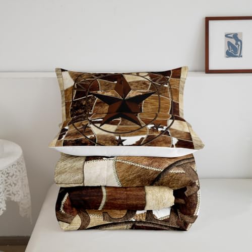 Image of Western Texas Star Bedding Set Twin Cowhide Comforter Set Rustic Farmhouse Comforter Vintage Decor Rural Country Farmhouse Duvet Set Twin Size Quilt 2Pcs Boys