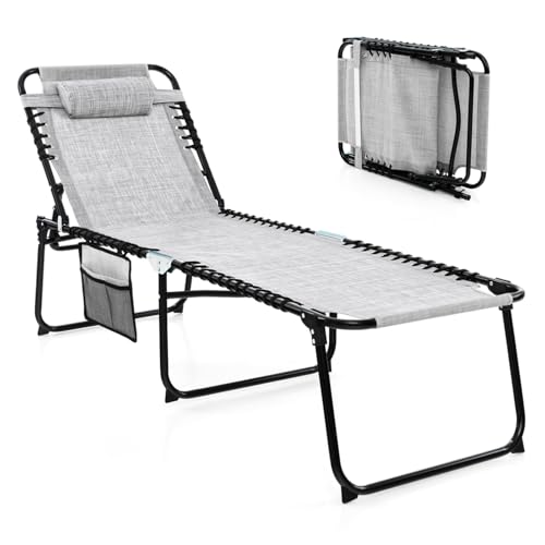 COSTWAY Sonnenliege mit Kopfstütze und Seitentasche, hohe Sitzhöhe, klappbare Gartenliege mit Verstellbarer Rückenlehne, Strandliege bis 150 kg belastbar, Liegestuhl für Garten (Grau)
