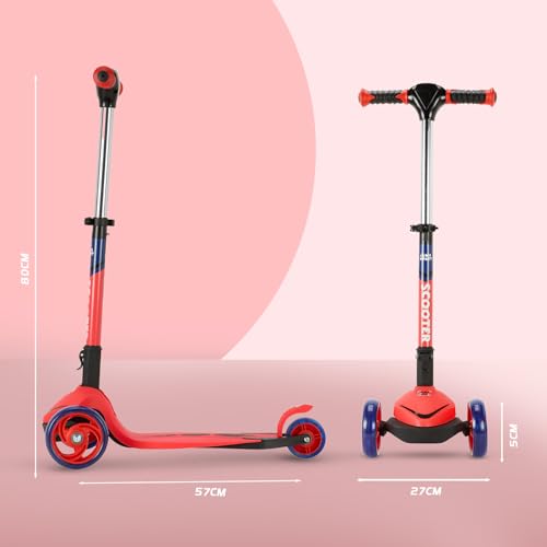 Image of AMAZON BRAND JAM & HONEY 3 Wheel Kids Scooter with RGB Light-UP Wheels,Foldable Design & Height Adjustment-BIS Certified-Indoor & Outdoor USE, RED /Blue (UP to 20 KG)
