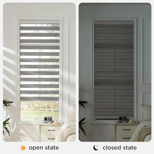Joydeco Cordless Zebra Blinds for Windows, Dual Layer Free-Stop Zebra Shades Privacy Light Control for Day and Night, Light Filtering Sheer Blinds for Indoor Windows, Kitchen (Grey, 45" W x 75" H)