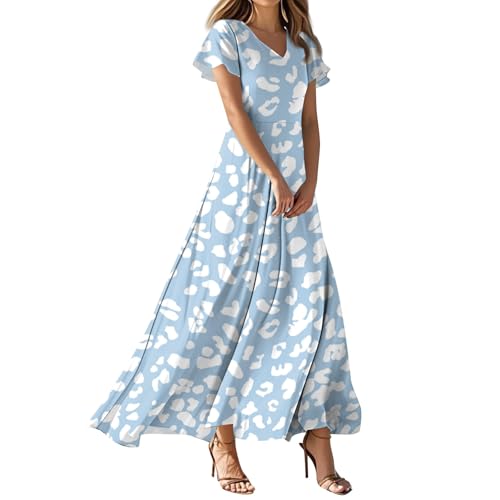 Sommerkleid Damen Beach Urlaub Maxi Kleid Lang Kleider V Ausschnitt Kurzarm Strand Ballkleid A-Linie Kleider Retro Casual Leinenkleid Strandkleid...