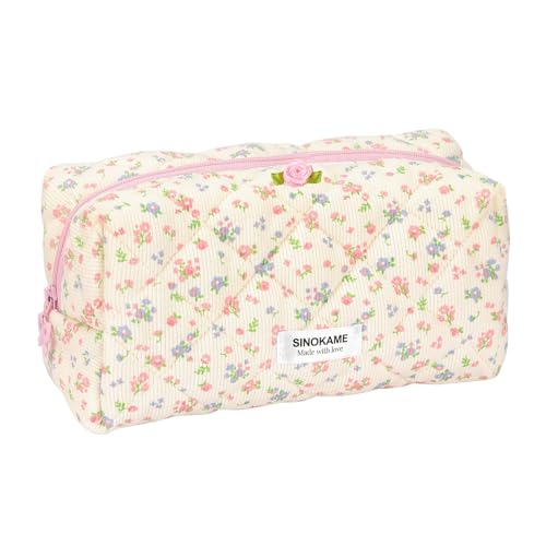 Quilted Coquette Travel Makeup Bag, Large Capacity Puffy Cotton Cosmetic Bag Toiletry Organizer for Women Reusable Washable Aesthetic Floral Pouches Handmade,Floralwhisper