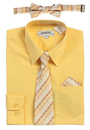 Gioberti Boy's Long Sleeve Dress Shirt and Plaid Tie Set, Banana, Size 2T