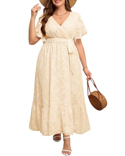 Pinup Fashion Kleider in Übergröße für Hochzeitsgäste – Cocktailkleid 2025, halbformell, Sommer-Wickelkleid, V-Ausschnitt, Maxikleid, Beige, 50...