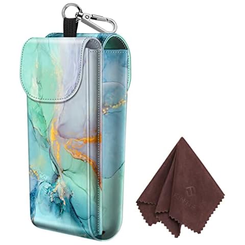 FINTIE Double Glasses Case with Carabiner Hook, Portable Vegan Leather Dual Eyeglasses Bag Anti-scratch Sunglasses Pouch, Spectacle Cases for Women Men, Emerald Marble Cover