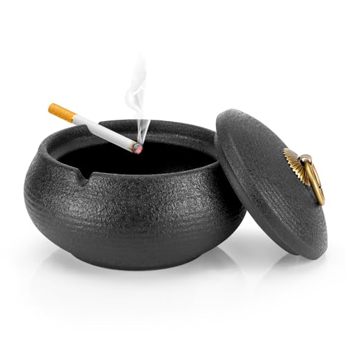 Aschenbecher mit Deckel, Winddichter Aschenbecher aus Keramik für Draußen und Innen, Outdoor Sturmaschenbecher für Terrasse, Balkon, Garten und Büro - Schwarz