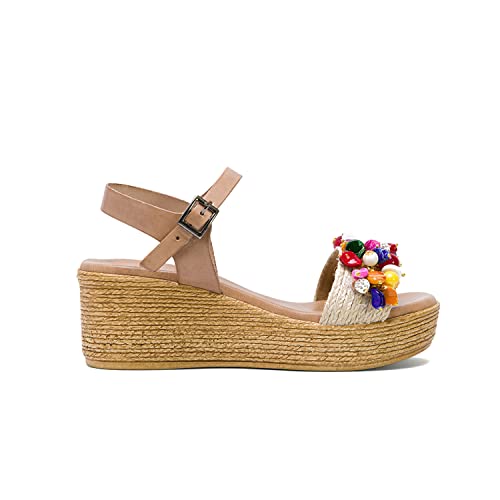 PORRONET - Sandalia cuña con abalorios taupe colores Irati talla 37