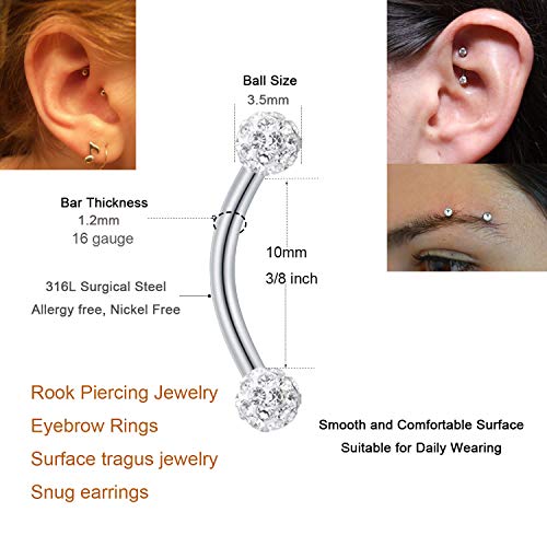 MODRSA Rook Piercing Jewelry Rook Earrings for Women Eyebrow Rings Surgical Steel Vertical Labret Jewelry 16g 14g Curved Barbell Snug Daith Surface Tragus Piercing Jewelry Silver Gold2