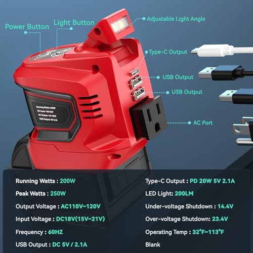Image of Ecarke 200W Portable Power Inverter Compatible with Milwaukee 18V Battery, DC 18V to AC 110V Power Station with 1 AC Outlet, 2 USB, 1 Type-C & LED Light, for Outdoor Emergency Use (No Battery)