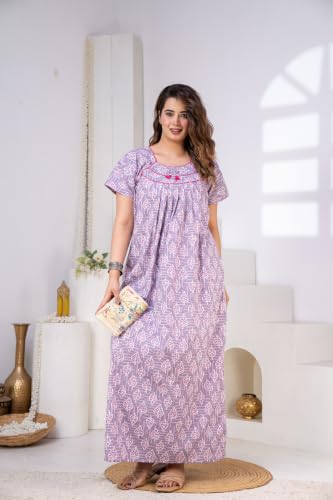 Image of DIAMO Pure Cotton Designer Nighty for Women | Night Gown | Nightdress | Maxi Nighty | Sleepwear | Jaipuri Nighty | Nighties | Cotton Night Gown for Women /Girls with Jaipuri Block Print